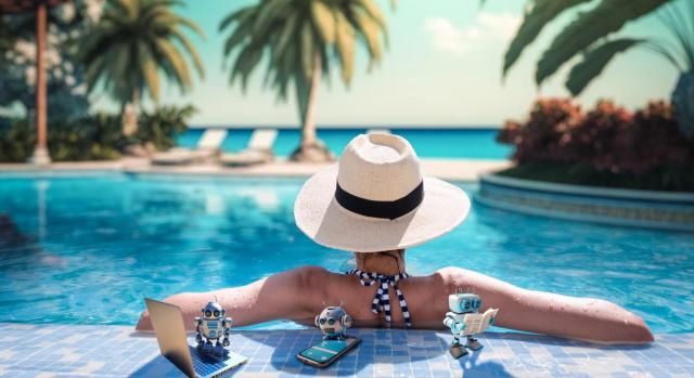 ¿Puede la inteligencia artificial ayudar a los contables antes, durante y después de sus vacaciones? ¿Puede la inteligencia artificial ayudar a los contables antes, durante y después de sus vacaciones? Imagen de una chica con sombrero en una piscina mirando hacía el mar de vacaciones