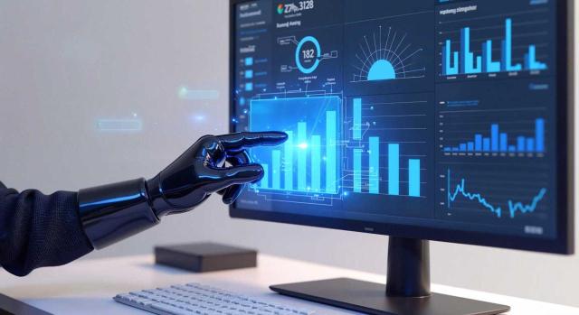 Inteligencia Artificial en auditoría: El fin del muestreo Inteligencia Artificial en auditoría: El fin del muestreo tradicional y la llegada del análisis predictivo. Imagen de un ordenador con gráficas señalada con una mano con guante como si fuera la ia